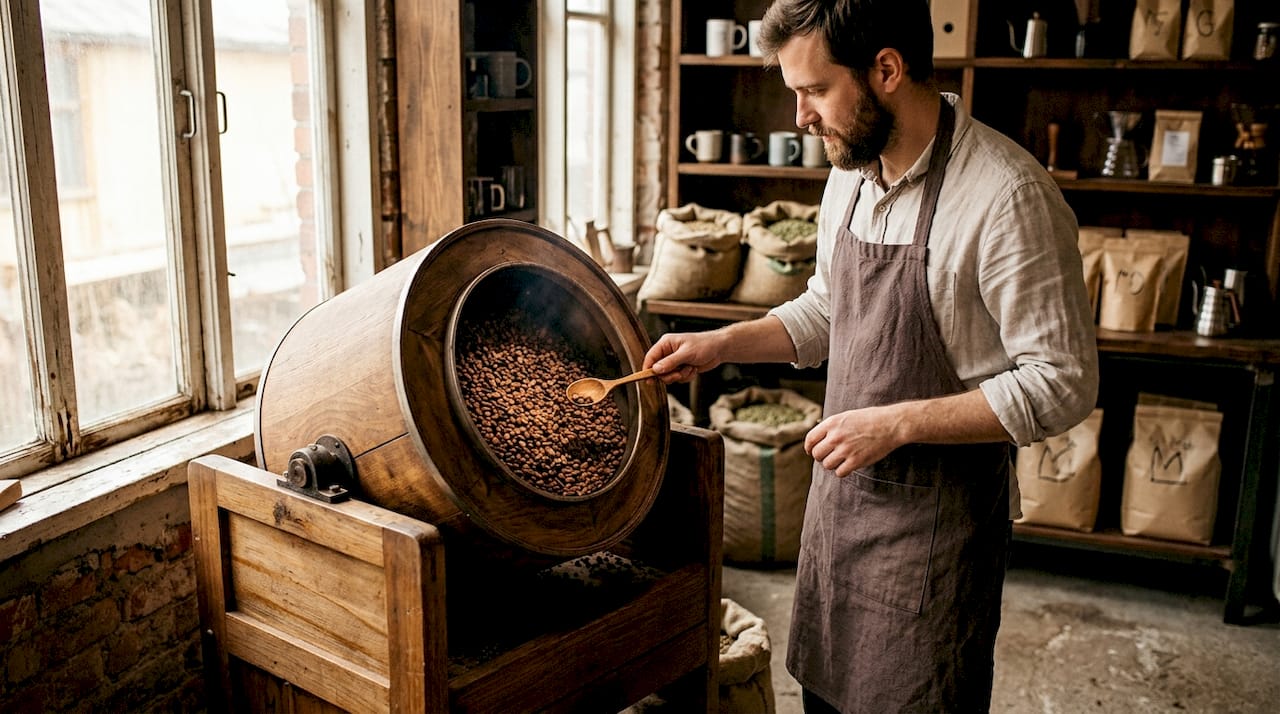 Tueste artesanal de granos de café peaberry en tambor