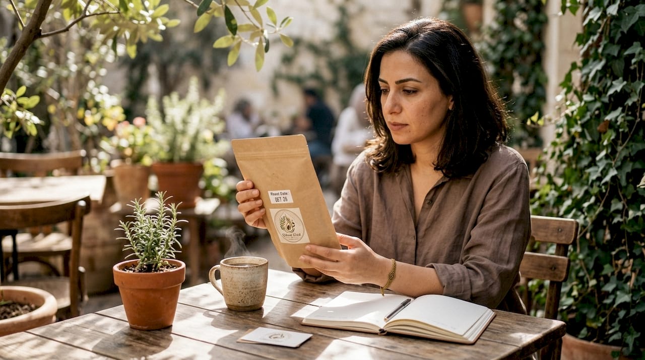 Woman inspecting coffee bag with roast date at home