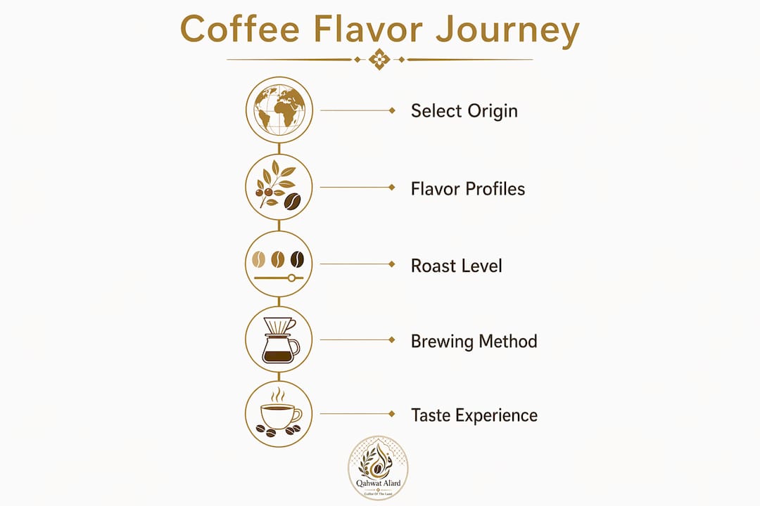 Infographic showing steps of coffee flavor influenced by origin