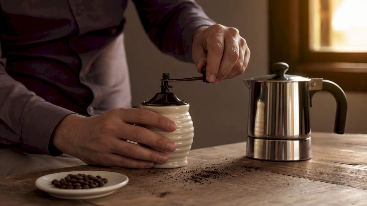 Unas manos ajustan el molinillo de café junto a una cafetera italiana.