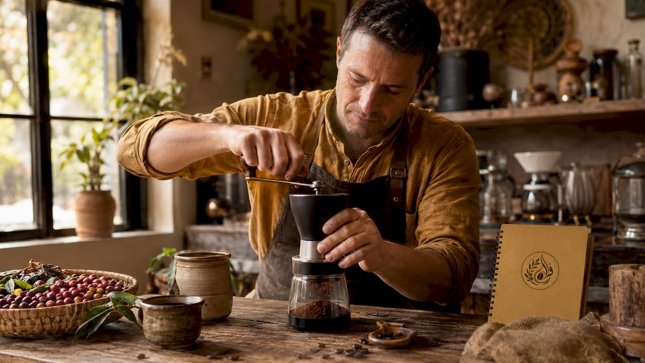 Man grinding coffee beans in kitchen
