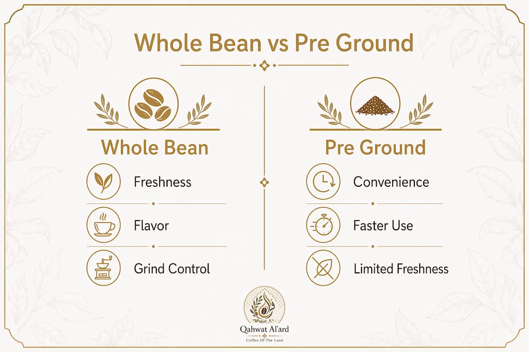 Infographic comparing whole bean and pre-ground coffee