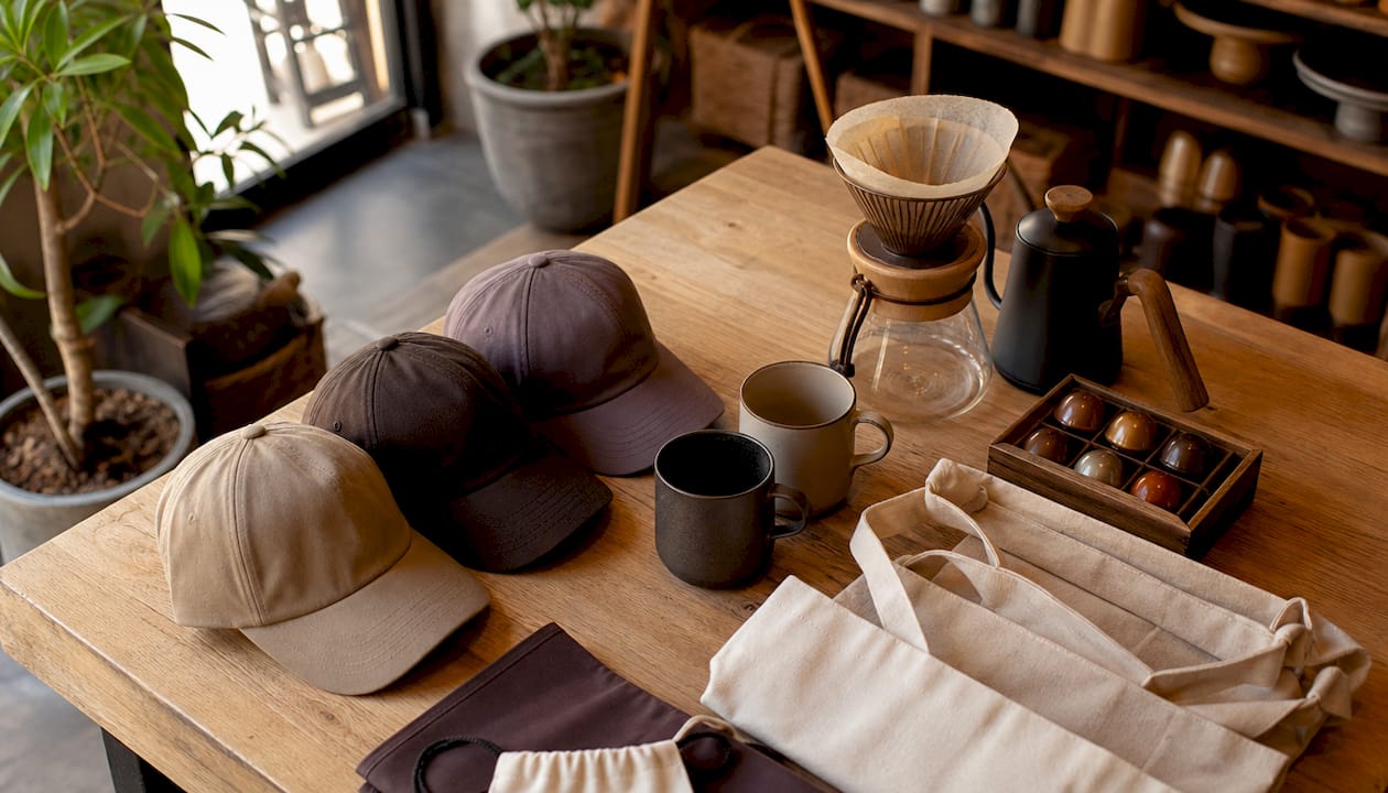 Detalles de los accesorios de merchandising cafetero