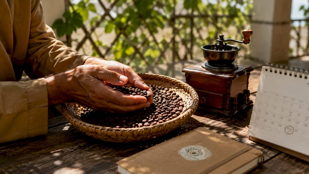 Hands inspecting fresh coffee beans