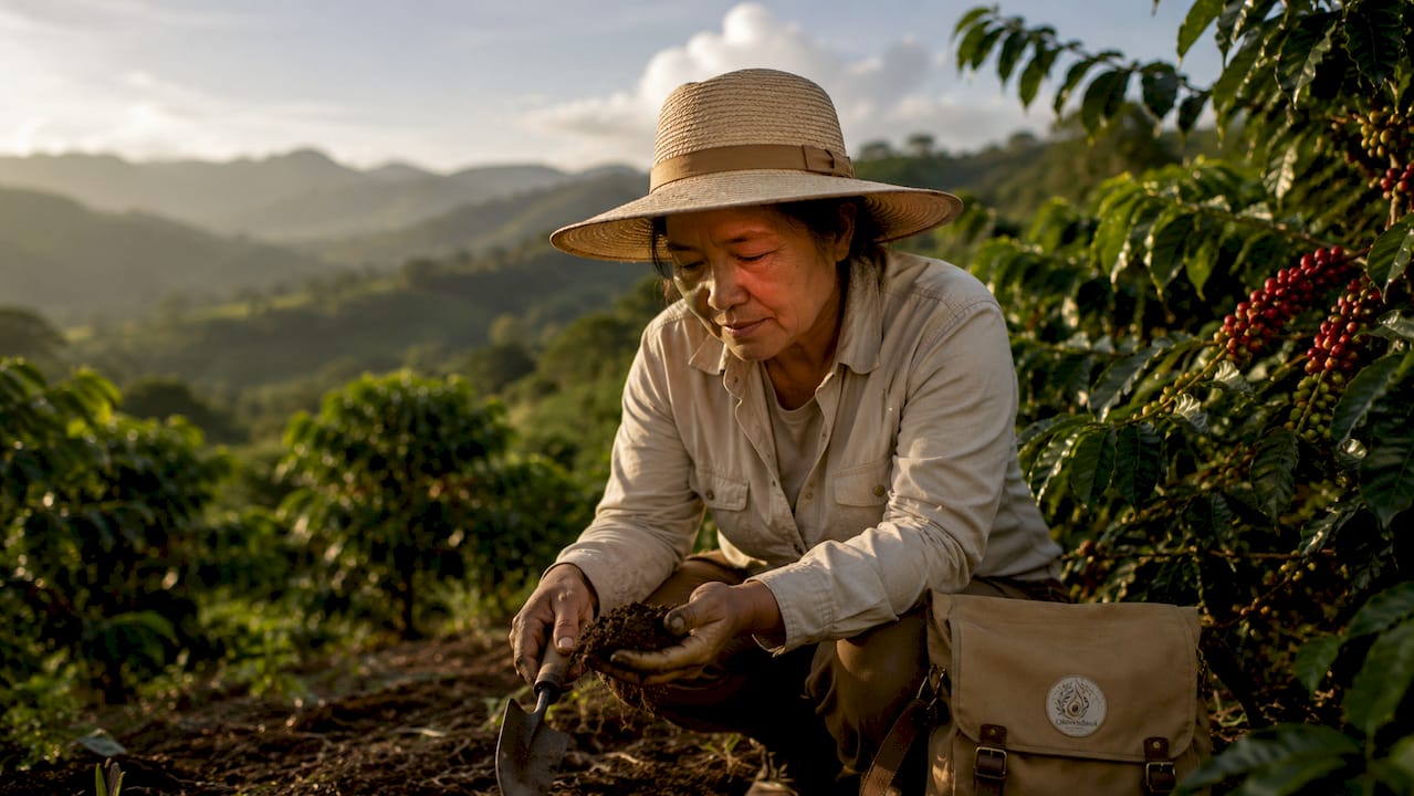 Coffee farmer inspecting soil microbes outdoors