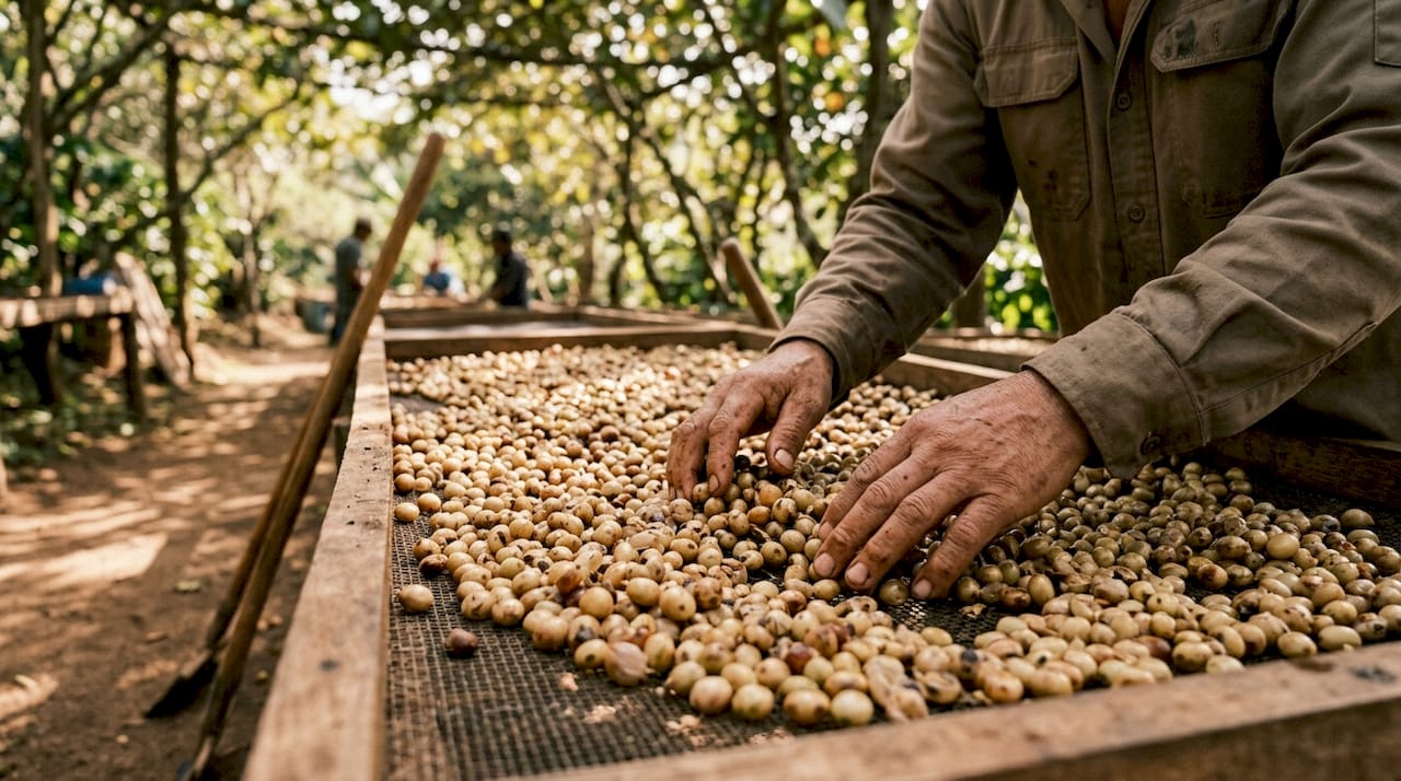 Manos distribuyen cuidadosamente las cerezas de café procesadas con método honey sobre las camas de secado.