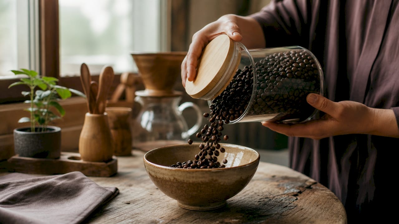 Manos pasando granos de café a un recipiente hermético