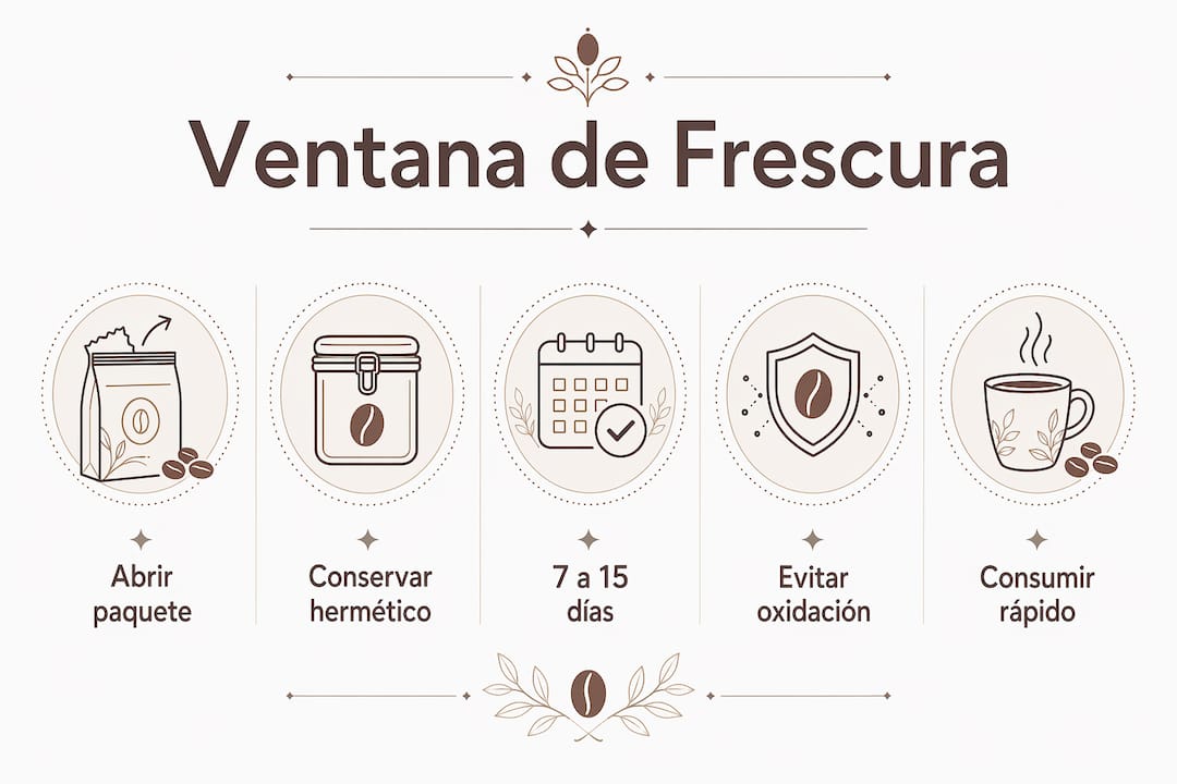 Infografía sobre cuánto tiempo se mantiene fresco el café y las etapas recomendadas para disfrutarlo
