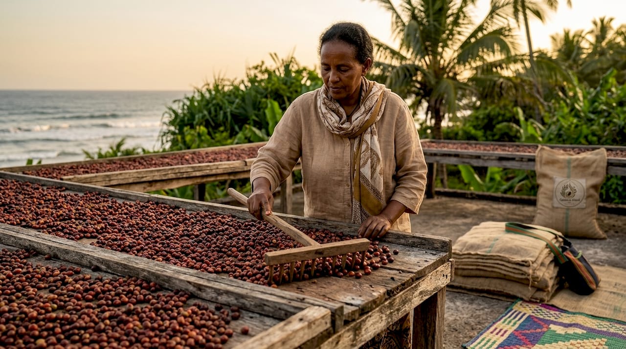 Farmer spreading whole coffee cherries on drying beds