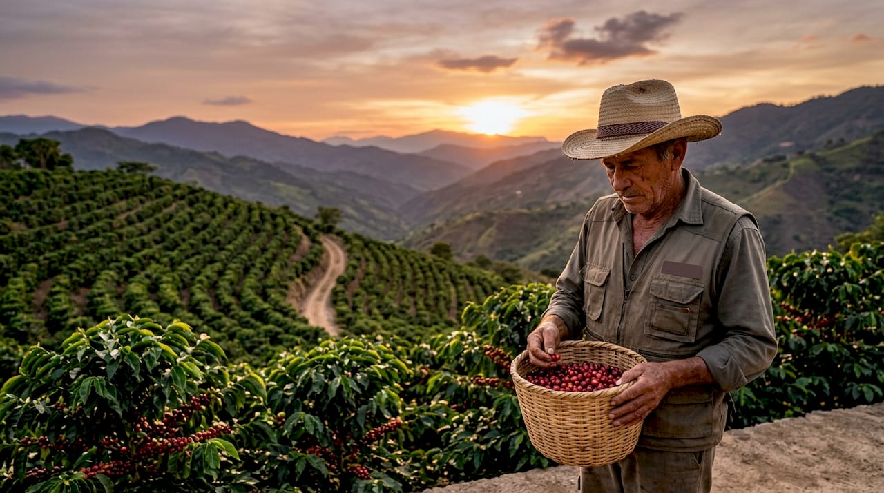 Campesino trabajando en una plantación de café en la sierra, justo cuando comienza a salir el sol