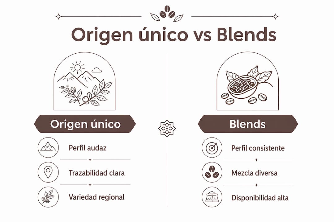 Análisis comparativo entre cafés de origen único y mezclas, presentado con un diseño sofisticado