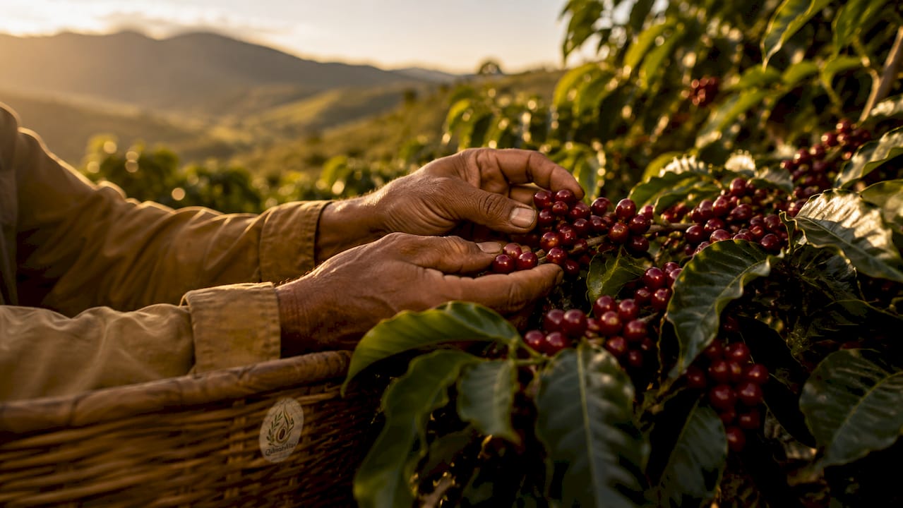 Close-up of hands picking ripe coffee cherries