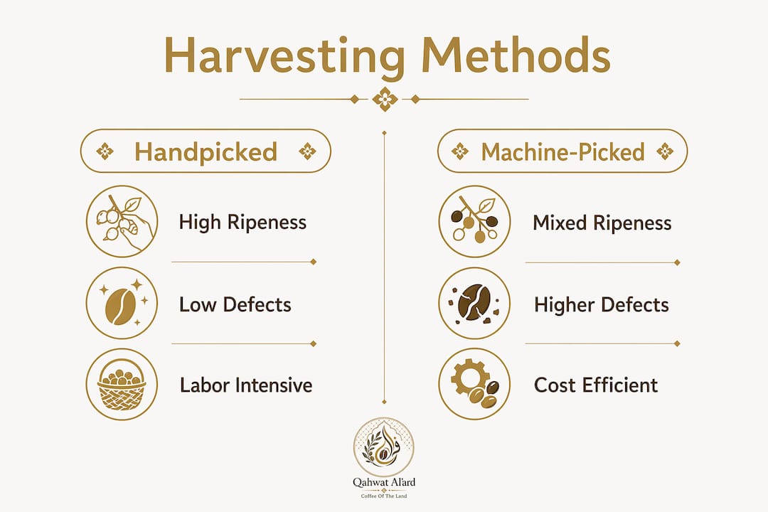 Infographic comparing handpicked and machine-picked coffee harvesting methods