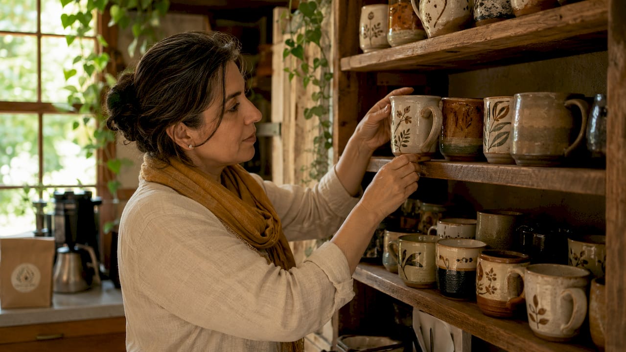 Woman arranging coffee mug collection on shelves