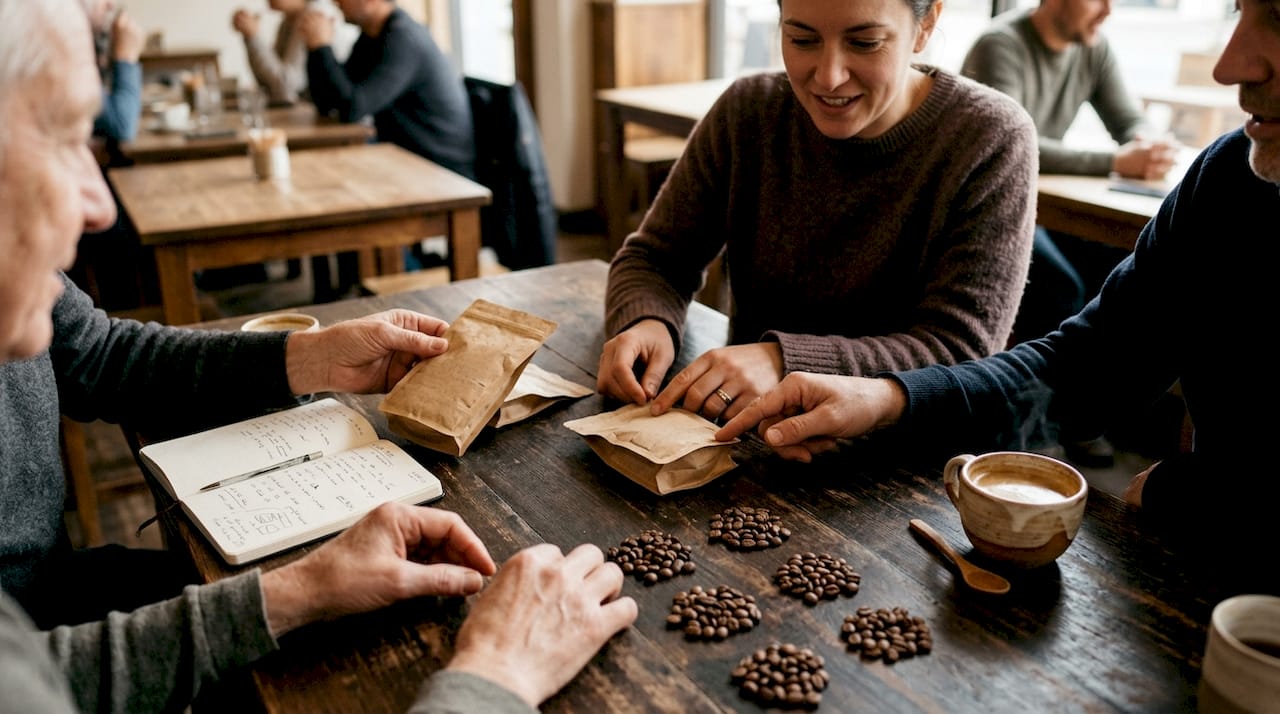Manos inspeccionando cuidadosamente los envases de café de origen único y calidad especial.