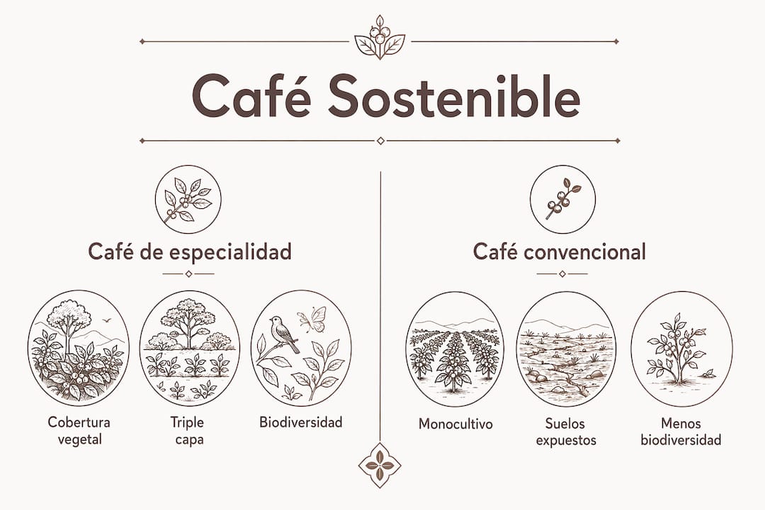 Infografía que muestra las diferencias en sostenibilidad entre el café de especialidad y el café tradicional