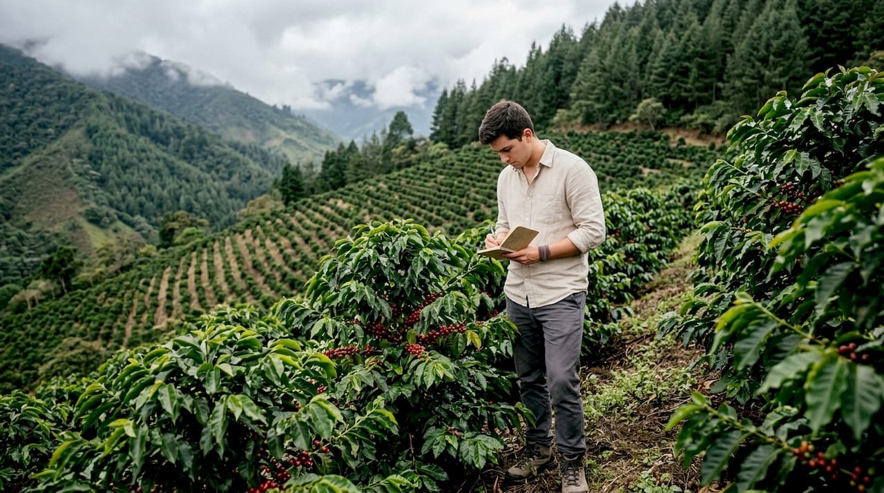 Finca cafetera ubicada en zonas de altura, supervisada por un ingeniero agrónomo.