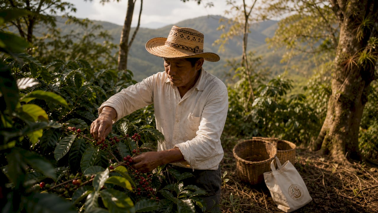 Chiapas coffee farmer harvesting cherries outdoors