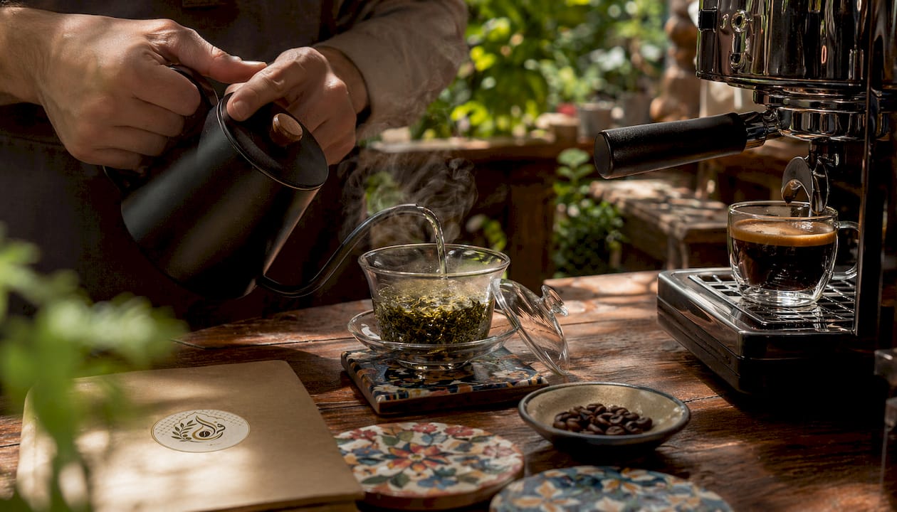 Hands brewing tea and drip coffee on kitchen counter