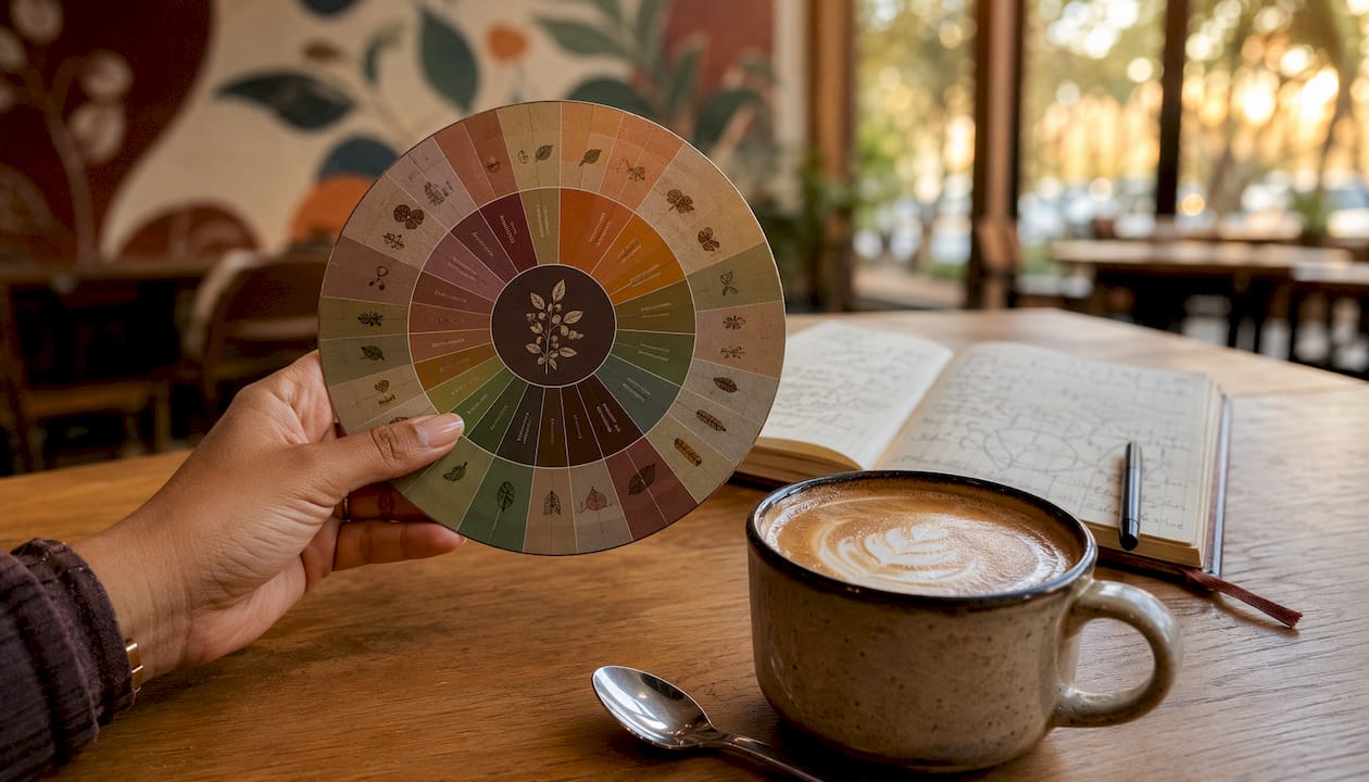 Una mano sostiene una rueda de aromas y sabores de café sobre una mesa de tonos claros.