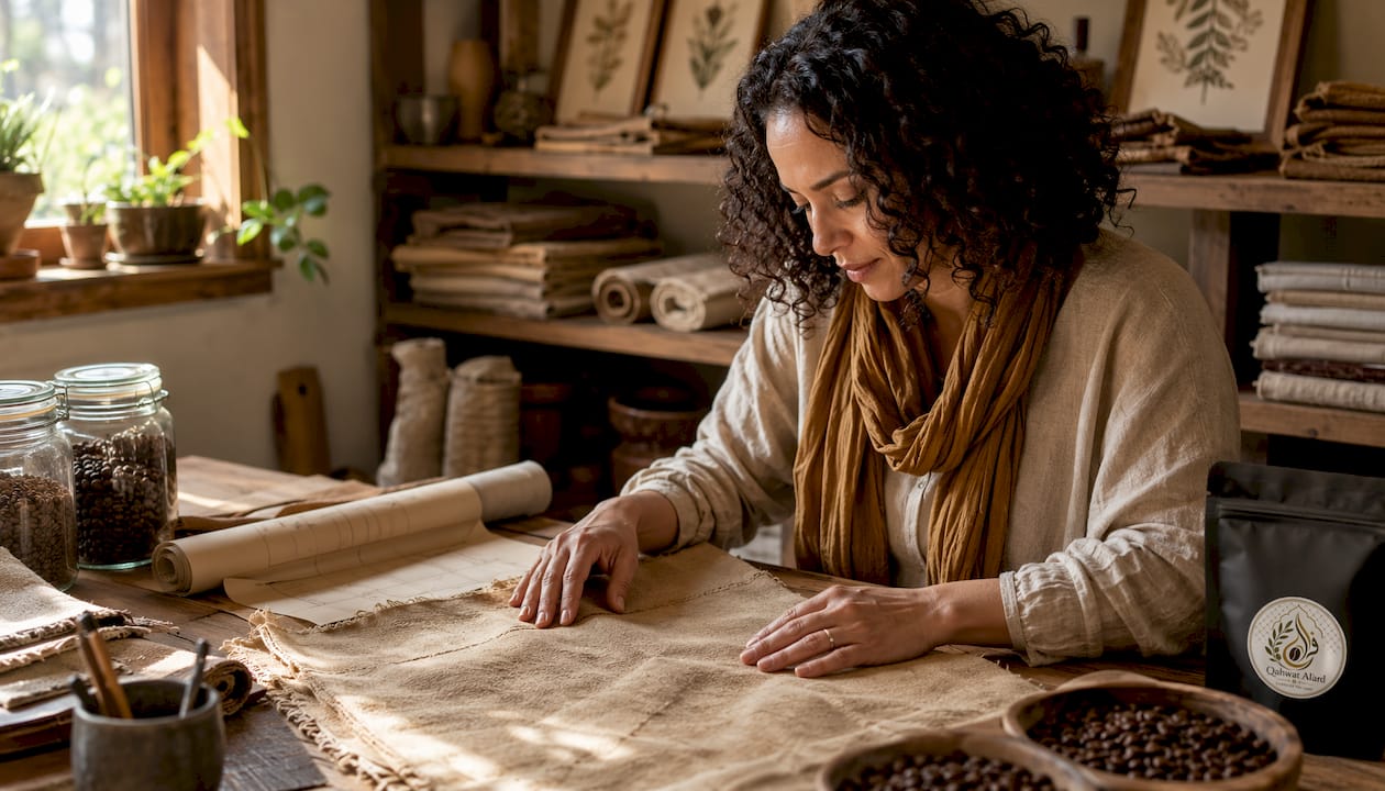 Designer examining coffee-dyed fabric swatch at studio