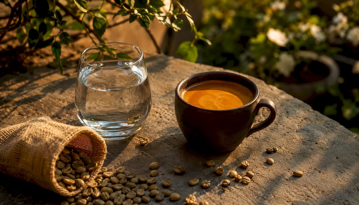 Café de especialidad acompañado de un vaso de agua mineral