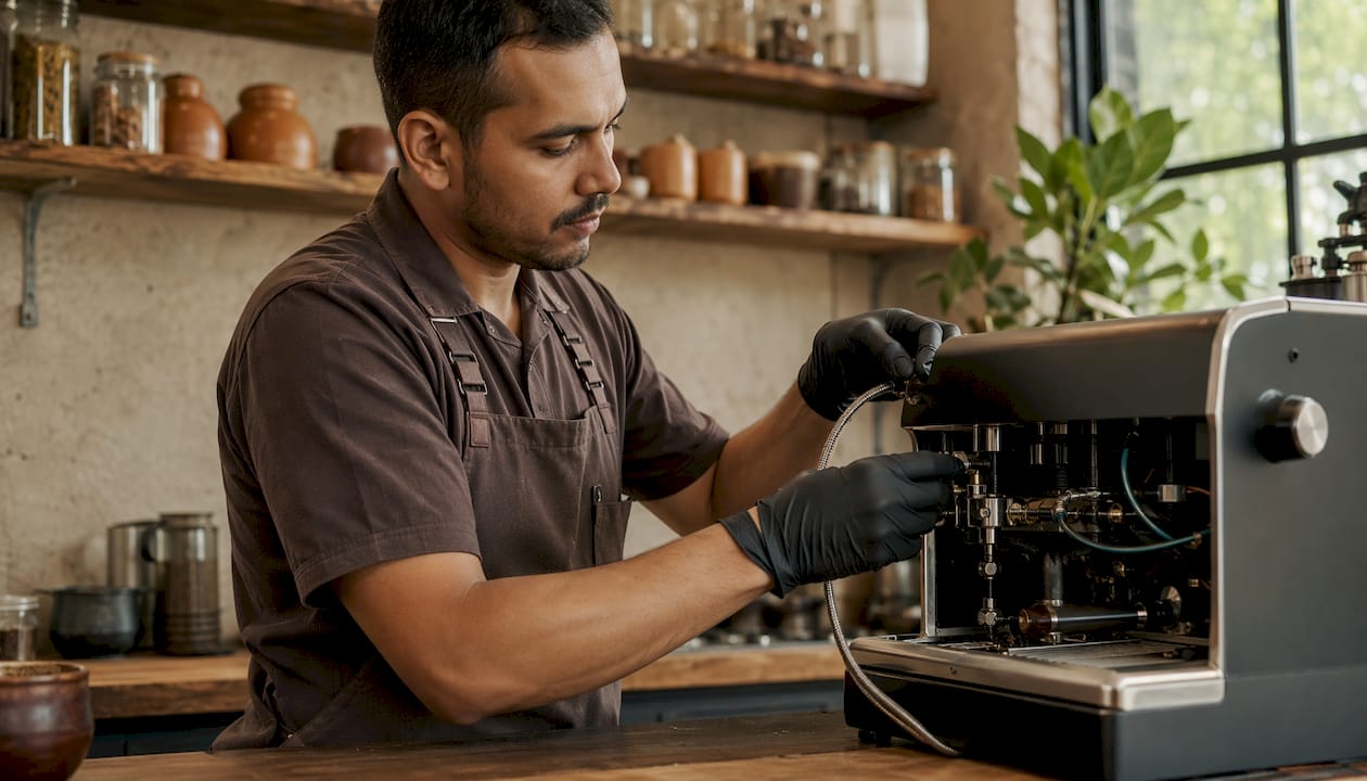 Un especialista revisando y poniendo a punto una cafetera profesional.
