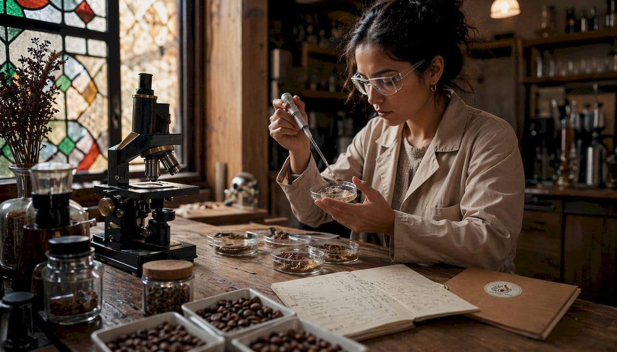 Scientist analyzing coffee fermentation microbes