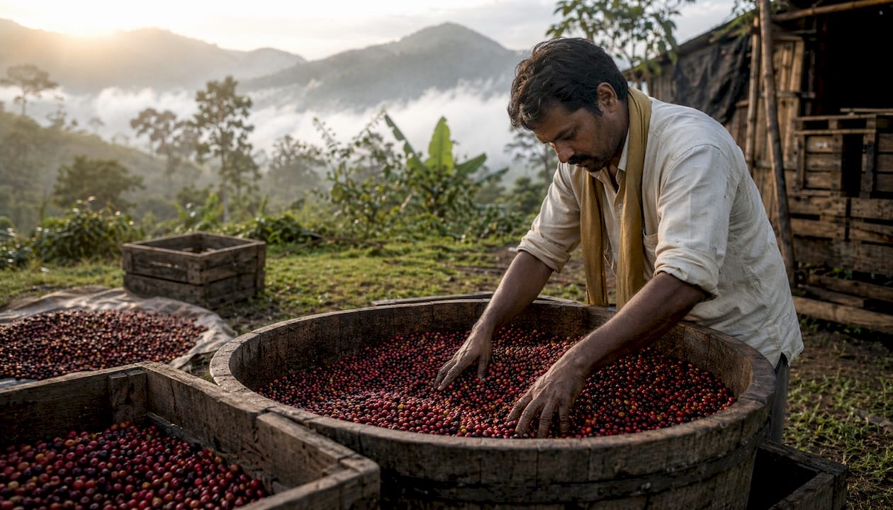 Coffee farmer stirring fermentation tank outdoors