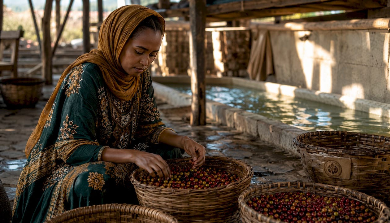 Coffee farmer sorting Yirgacheffe cherries