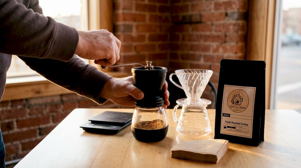 Preparando café con un molinillo y un dripper, solo se ven las manos en acción.
