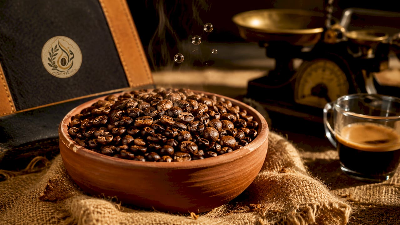 Close-up of freshly roasted coffee beans releasing CO2
