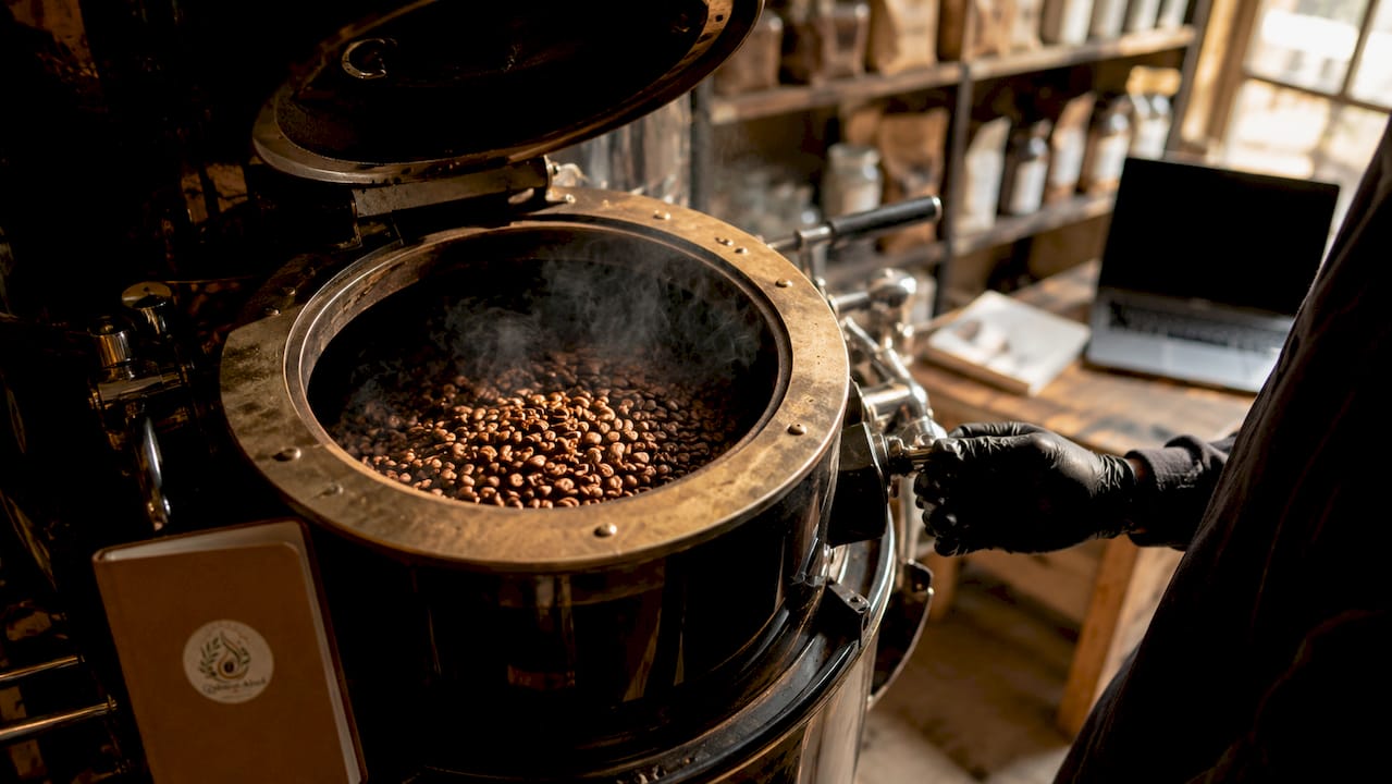 Side view of roasting beans releasing gas in coffee roaster