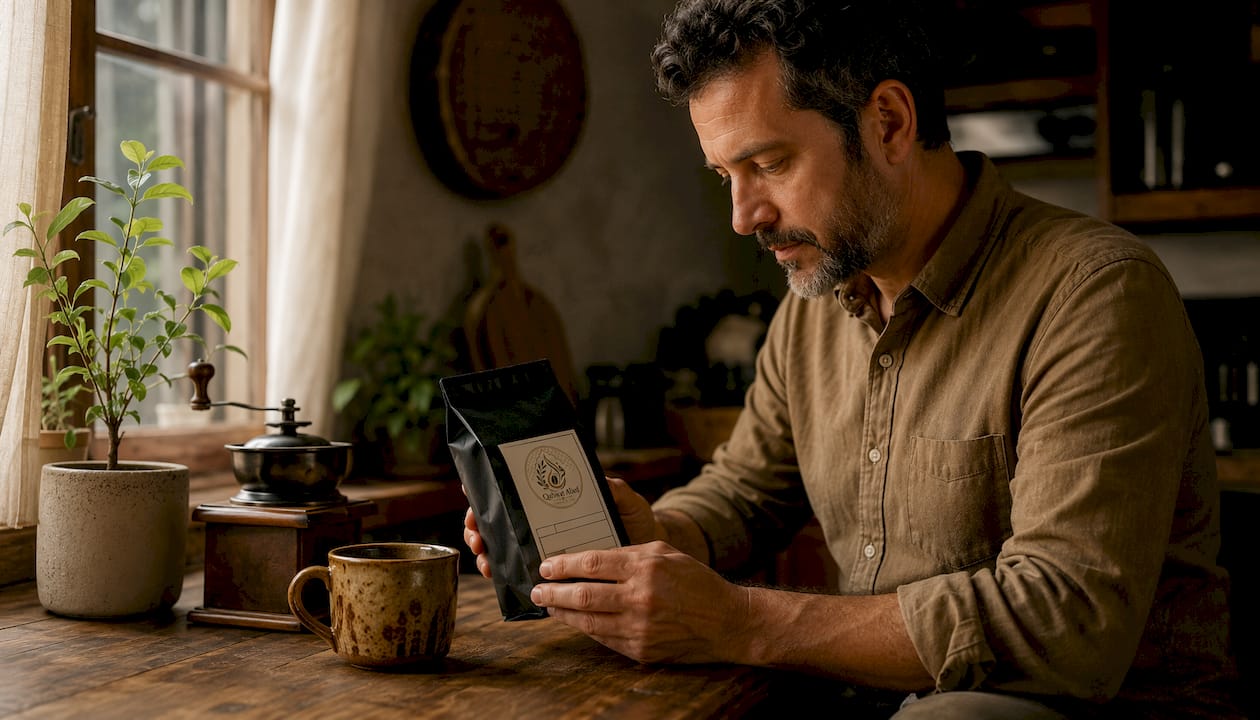 Person examining coffee bag label indoors