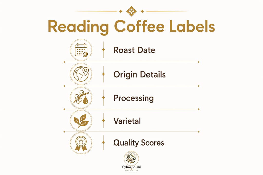 Infographic showing key steps to read coffee bag labels
