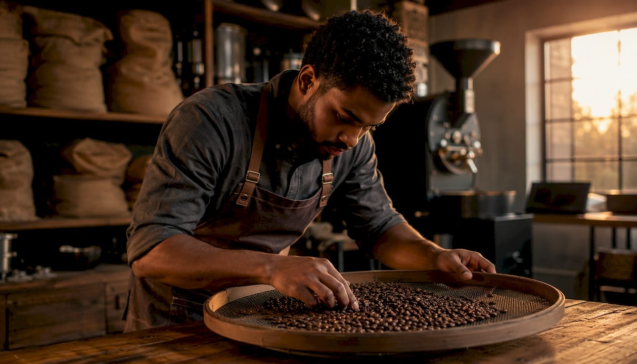 Barista revisando el tamaño de los granos de café tostados