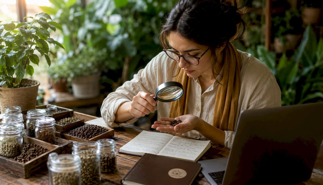 Researcher examining coffee beans in lab