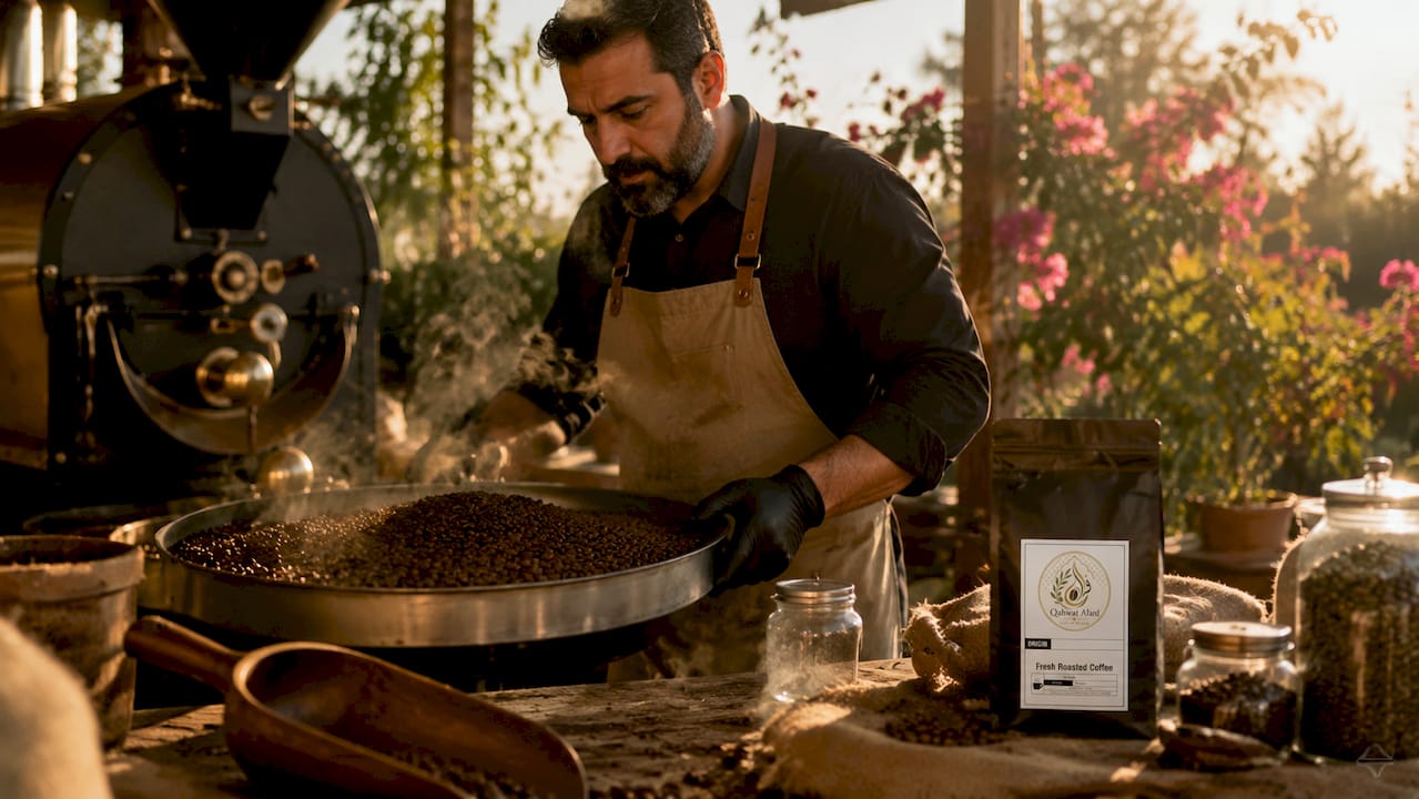 Coffee roaster checking beans in roastery