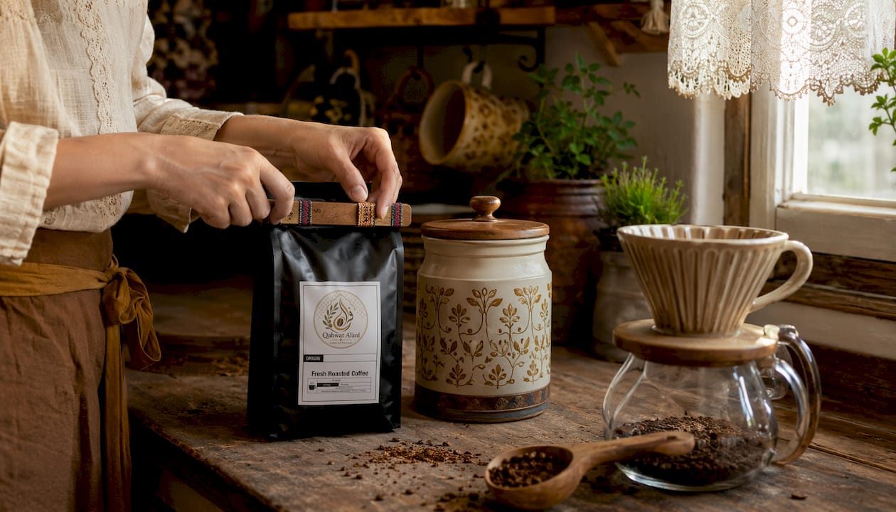 Hands sealing coffee bag on kitchen counter