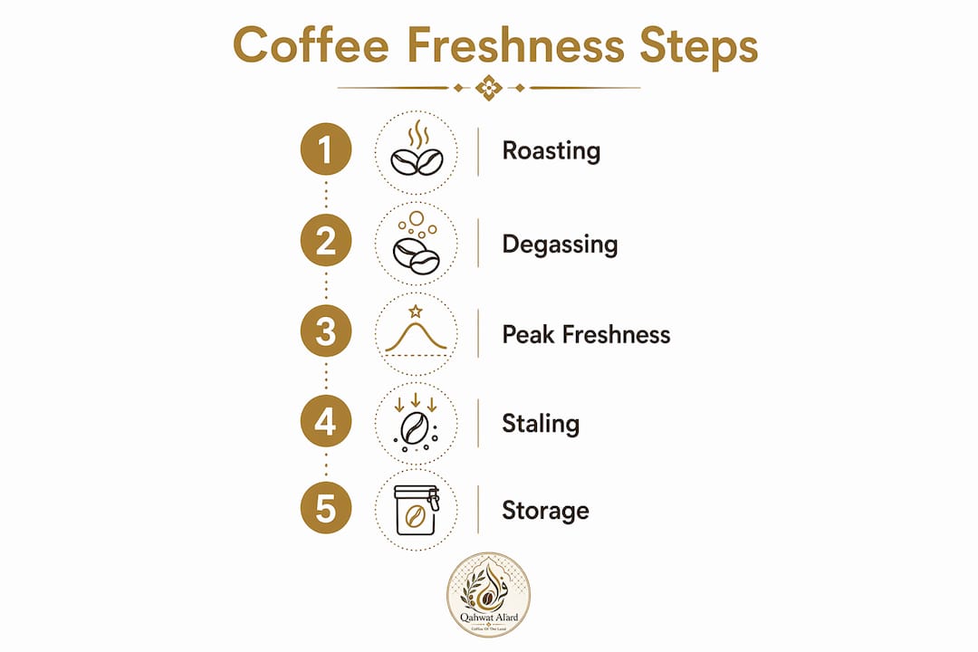 Infographic showing coffee freshness stages flow