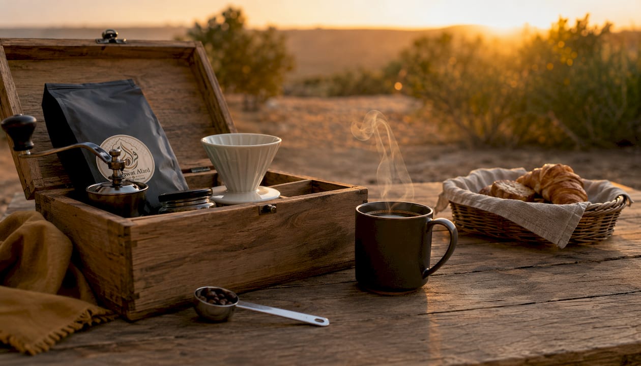 Coffee gift accessories on kitchen counter