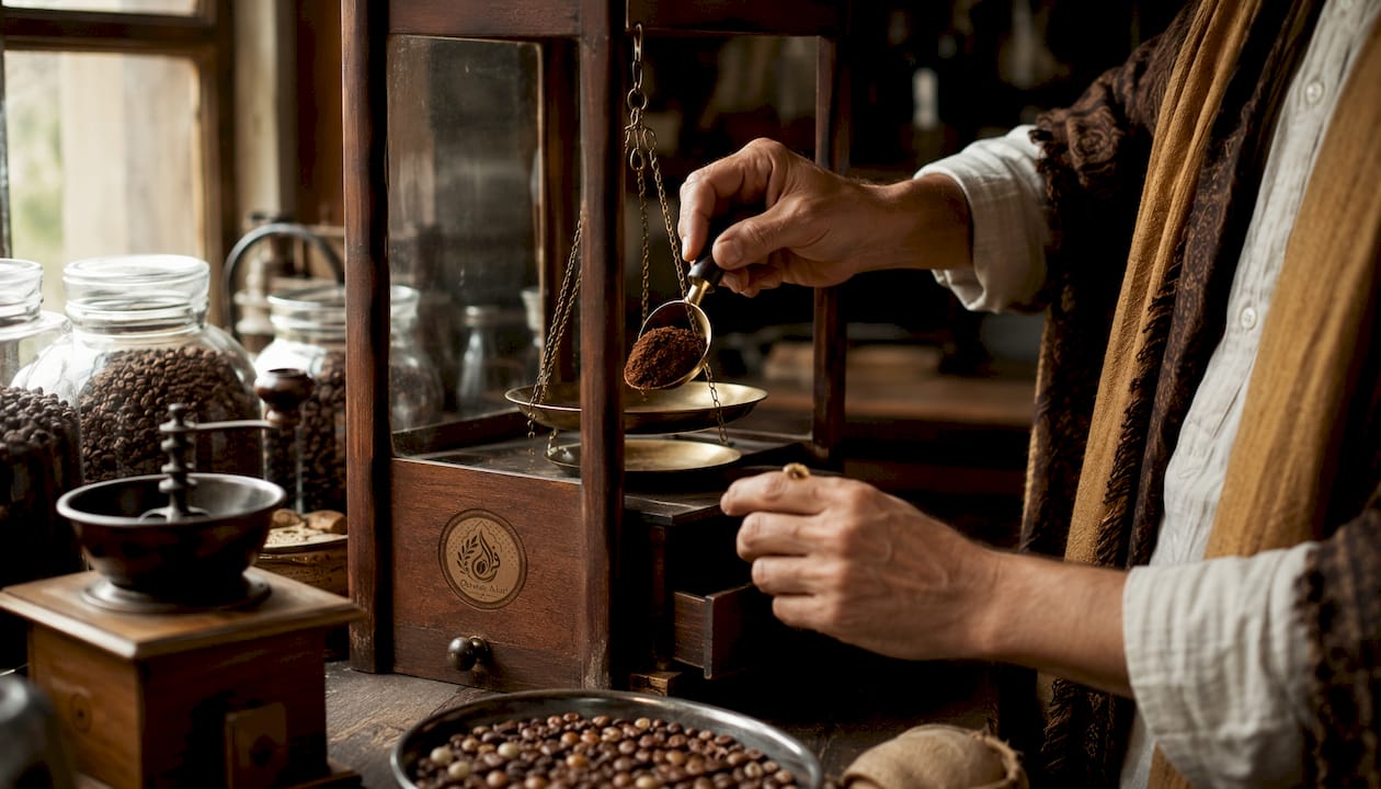 Hands weighing coffee grounds on digital scale