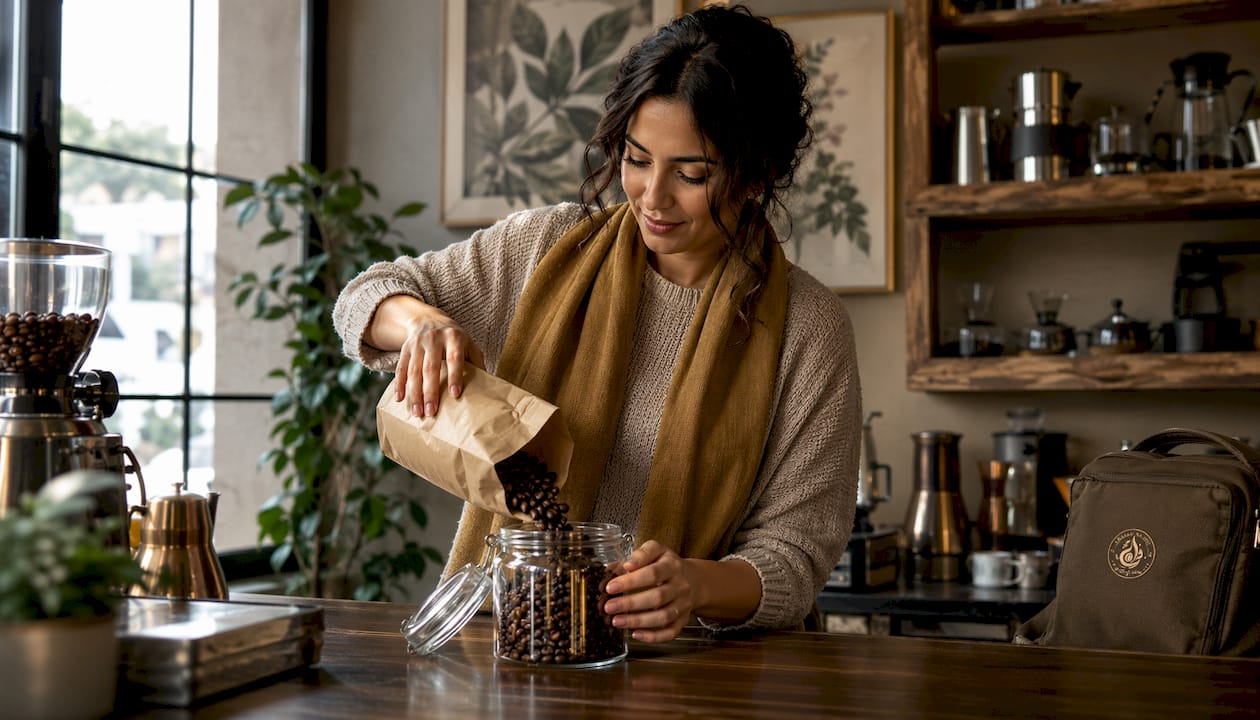 Woman storing fresh coffee beans airtight