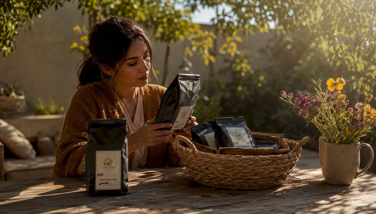 Woman selecting coffee bags for gift basket in kitchen