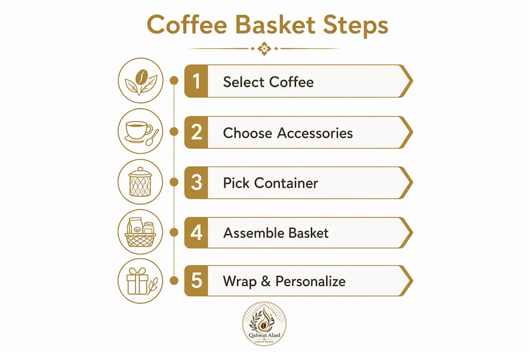 Infographic showing five steps to build coffee gift basket