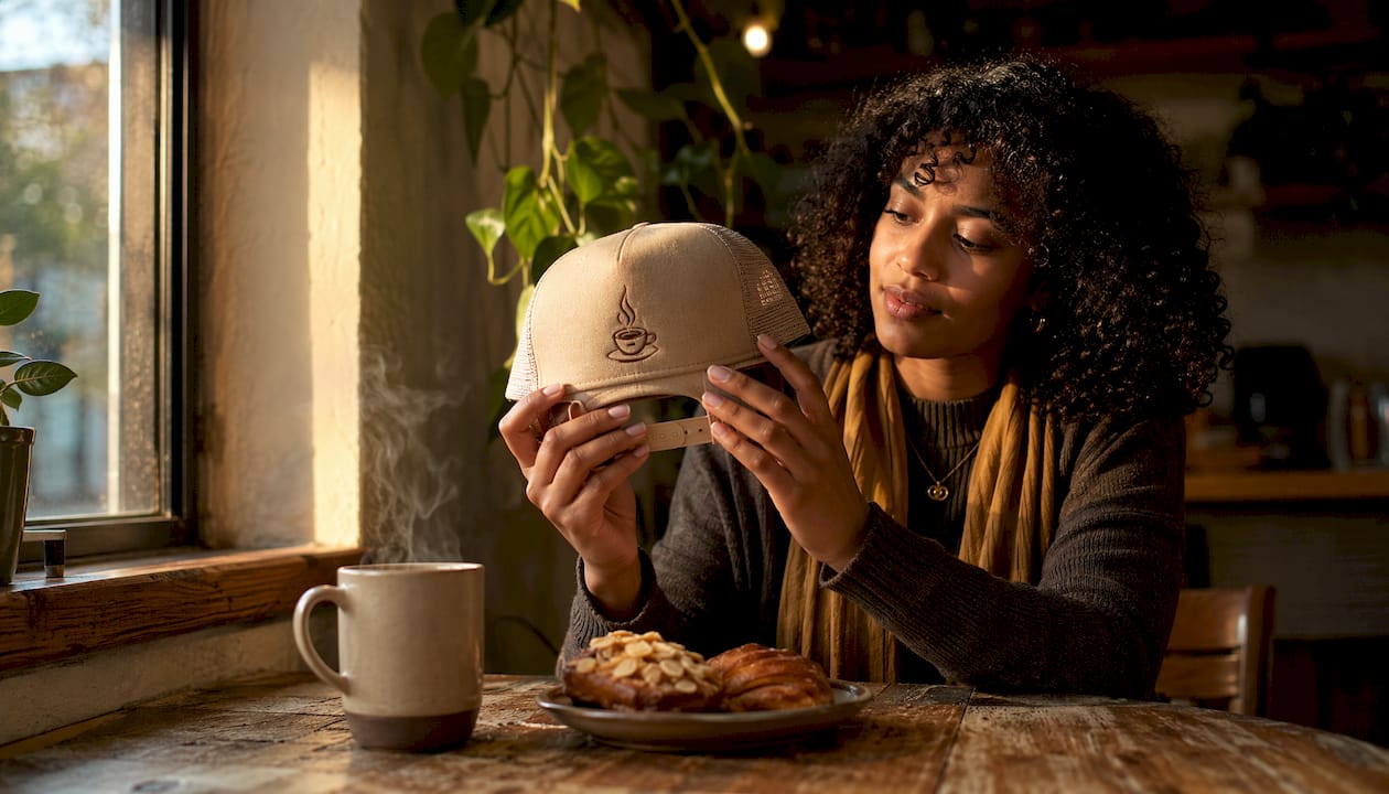 Woman adjusting coffee-themed trucker hat