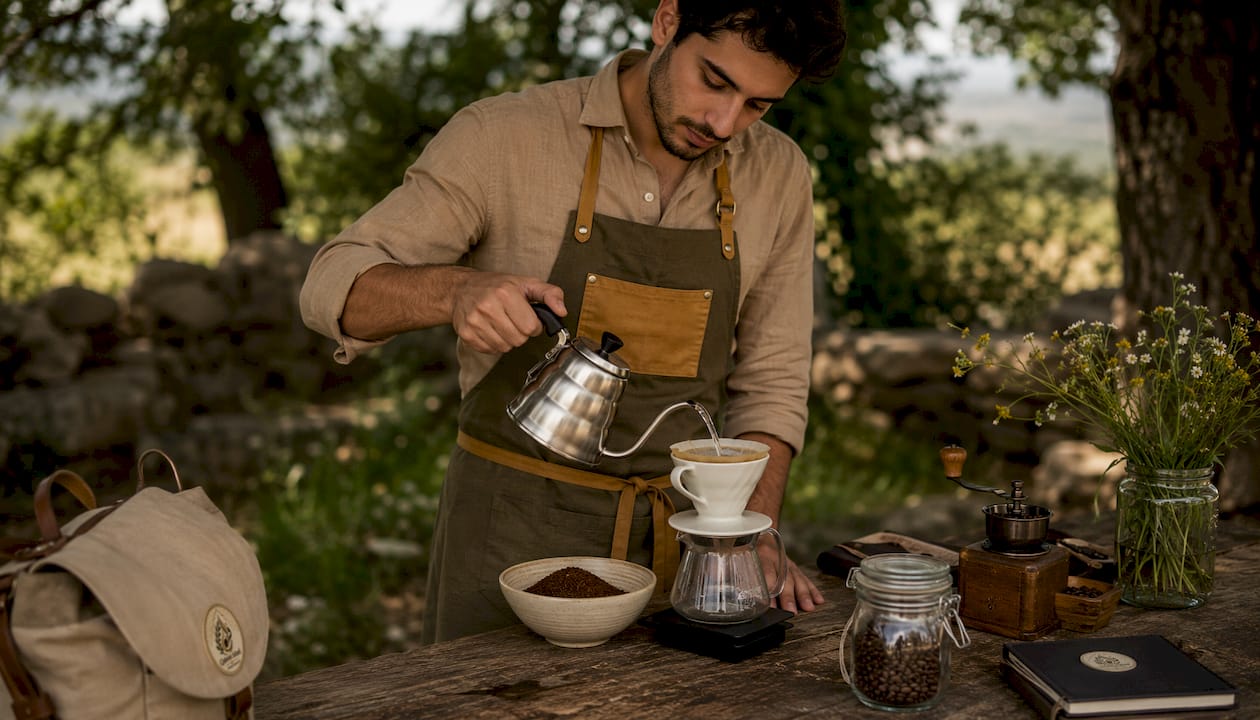 Barista holding kettle over hand-drip coffee setup