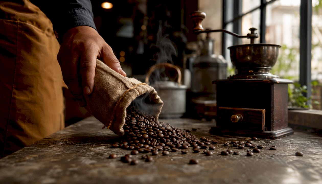 Hand holding burlap sack with roasted coffee beans