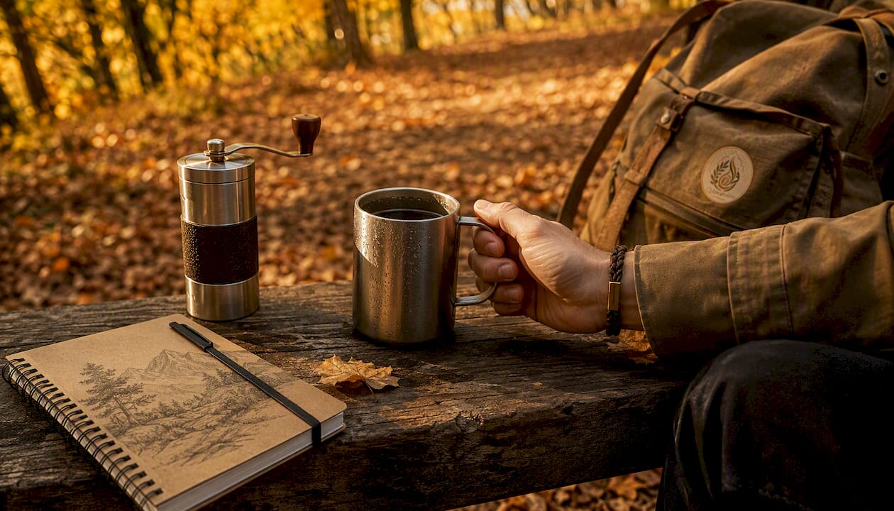 Hand picking insulated stainless steel coffee mug outdoors