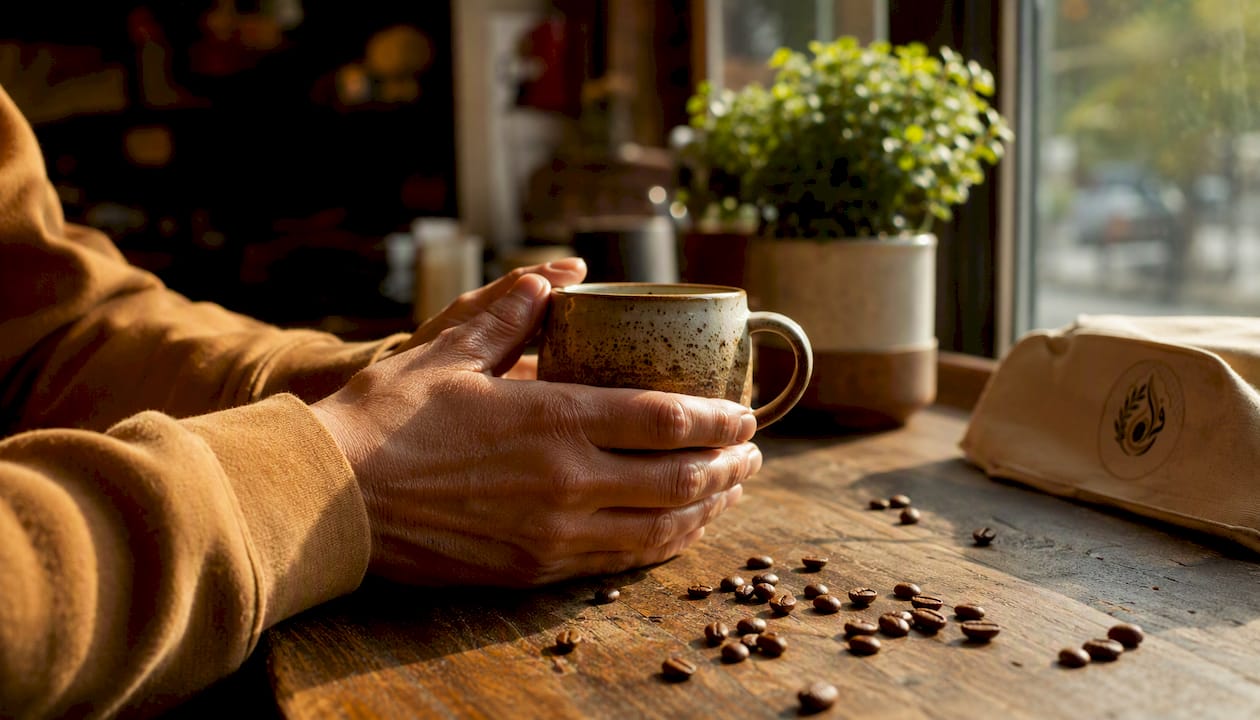 Hands holding ceramic coffee mug indoors